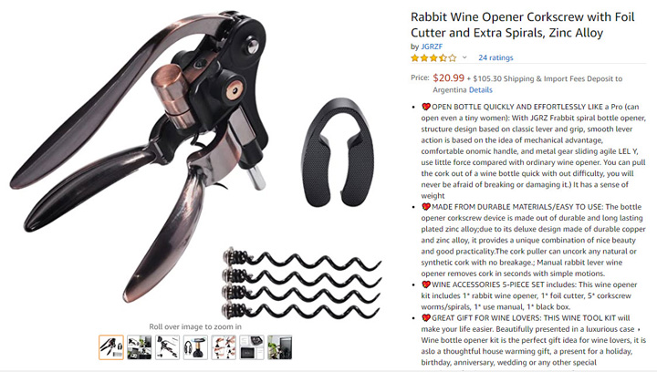 Rabbit Wine Opener Corkscrew with Foil Cutter and Extra Spirals, Zinc Alloy